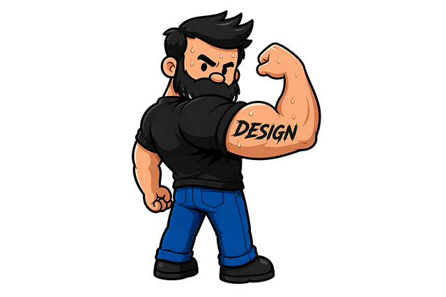Designer character flexing with DESIGN tattooed on his bicep.