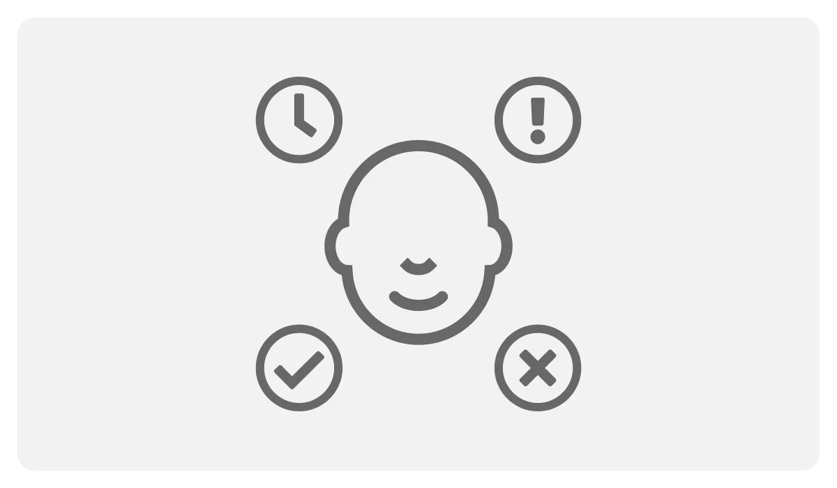 Icon of a person surrounded by a clock, exclamation mark, checkmark, and cross, depicting the relevance of context in communication.