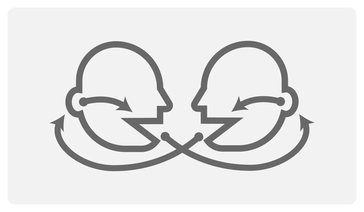 Icon showing two faces with arrows circling between them, signifying active listening and clarification in dialogue.