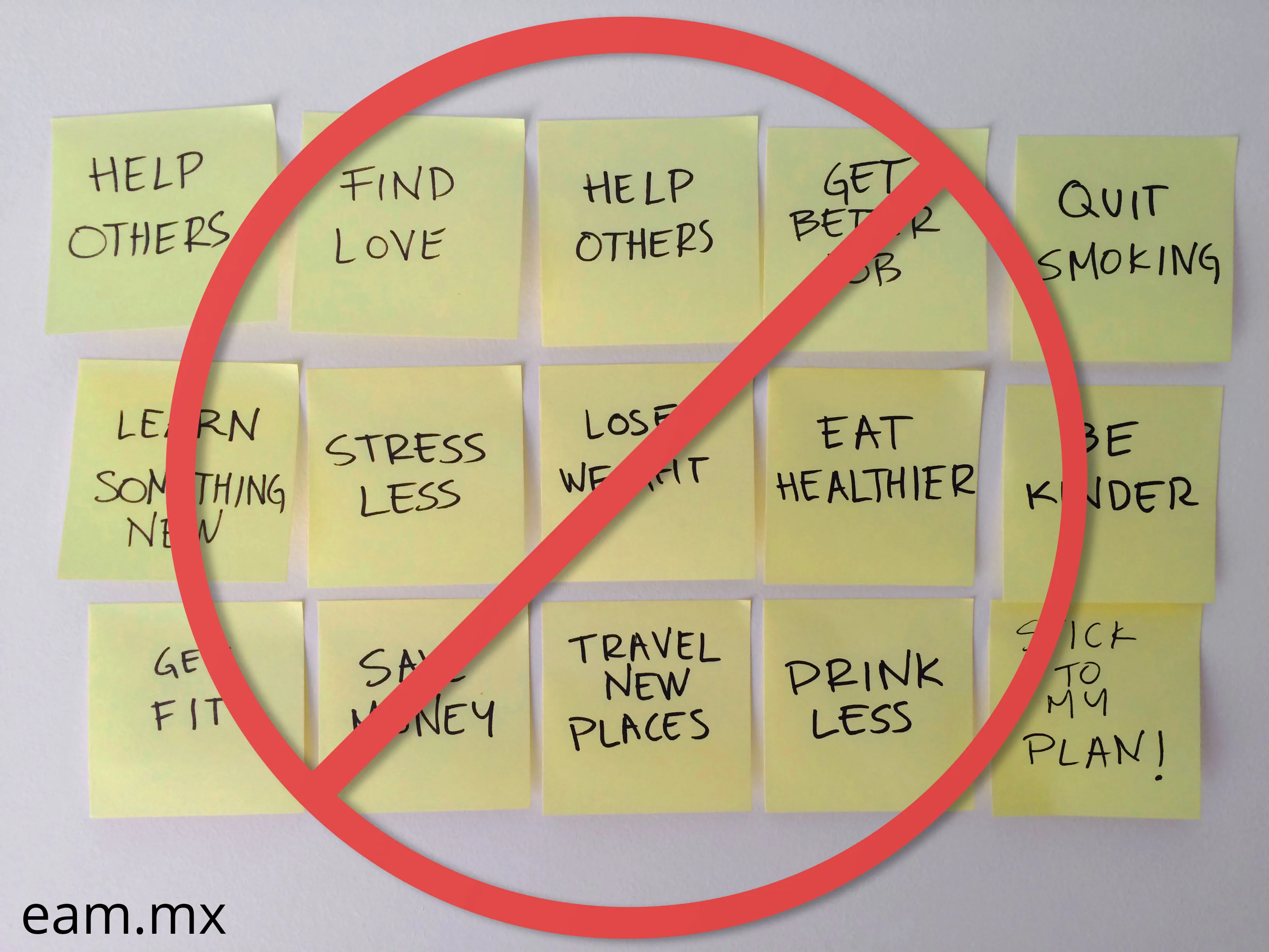 A wall with sticky notes with New Year's resolutions written in them.