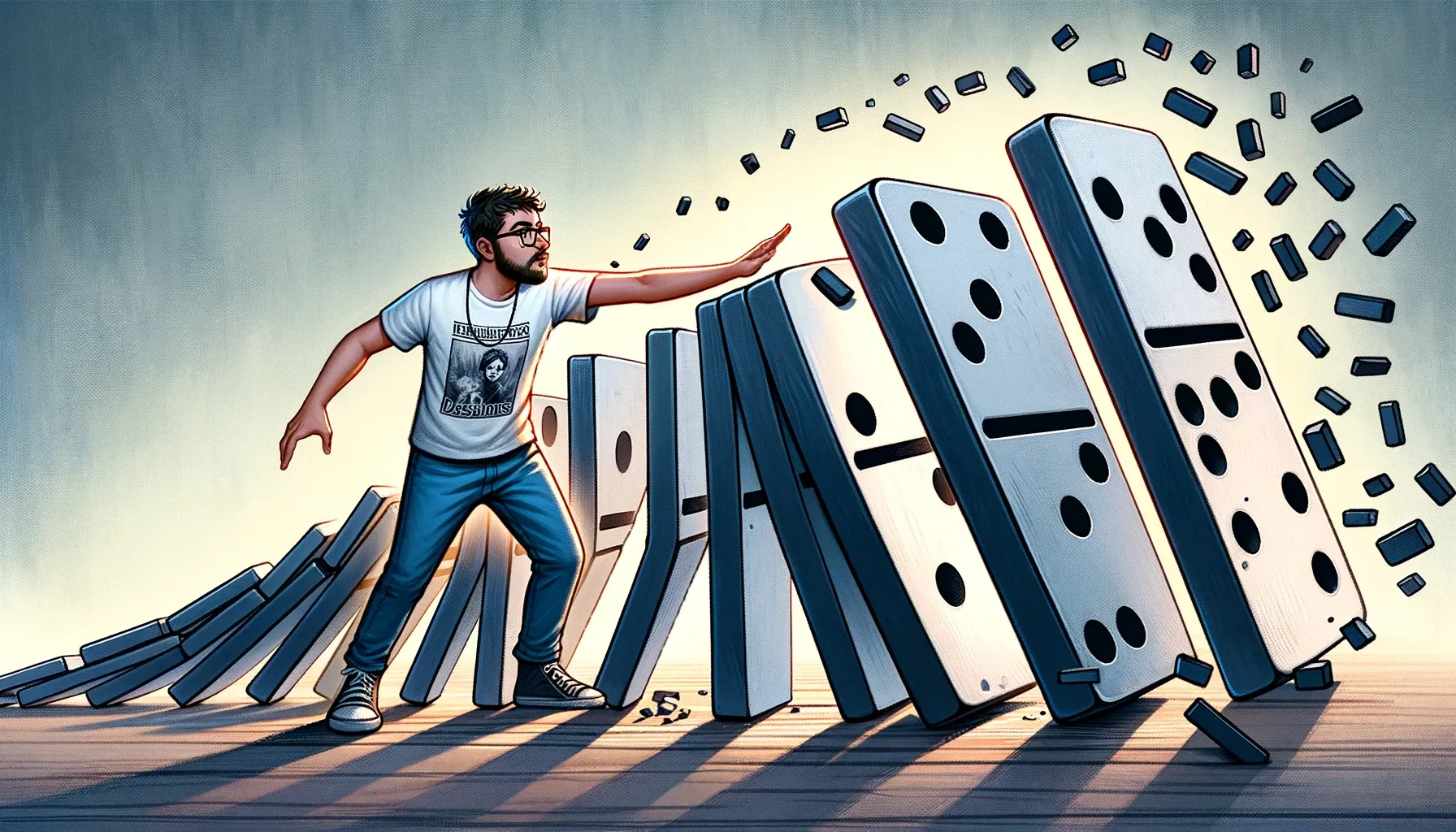 The image has been created to depict a stereotypically dressed UX designer initiating the domino effect, illustrating the concept of small commitments leading to larger ones. This visual metaphor captures the essence of strategic influence in the field of user experience design.