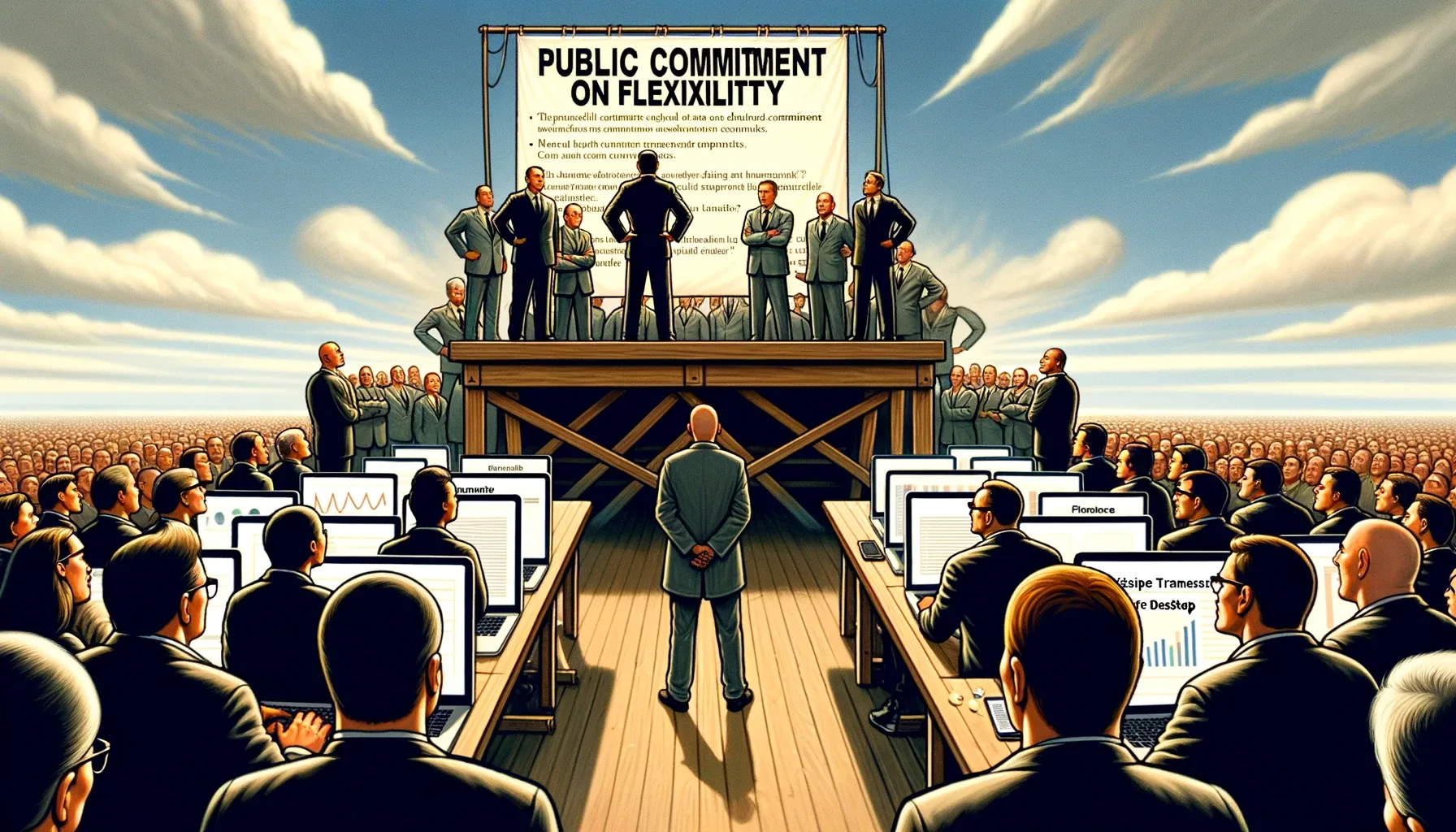 The image designed to illustrate the passage about the impact of public commitment on flexibility showcases a group of decision-makers steadfastly adhering to a "mobile-first" stance, despite evidence favoring desktop usage presented by a UX designer. This visual metaphor effectively conveys the challenge of overcoming rigid corporate commitments in the face of contrasting data, with a touch of humor to highlight the seriousness of the issue.