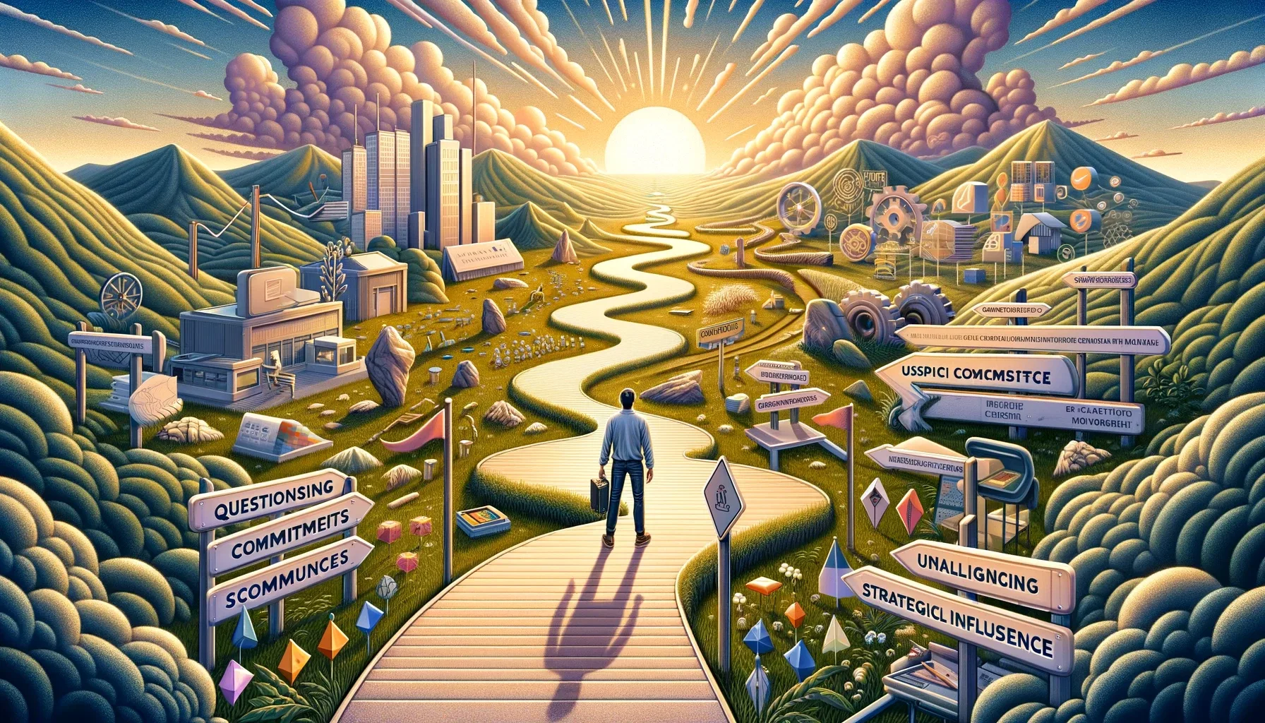 The image created visualizes the strategies for effective influence in design, capturing the essence of a designer's journey through the complexities of corporate influence towards achieving user-centric product development. It symbolizes the thoughtful and strategic approach required to navigate and shape the design landscape, emphasizing the importance of small commitments, flexibility, and leadership in design.