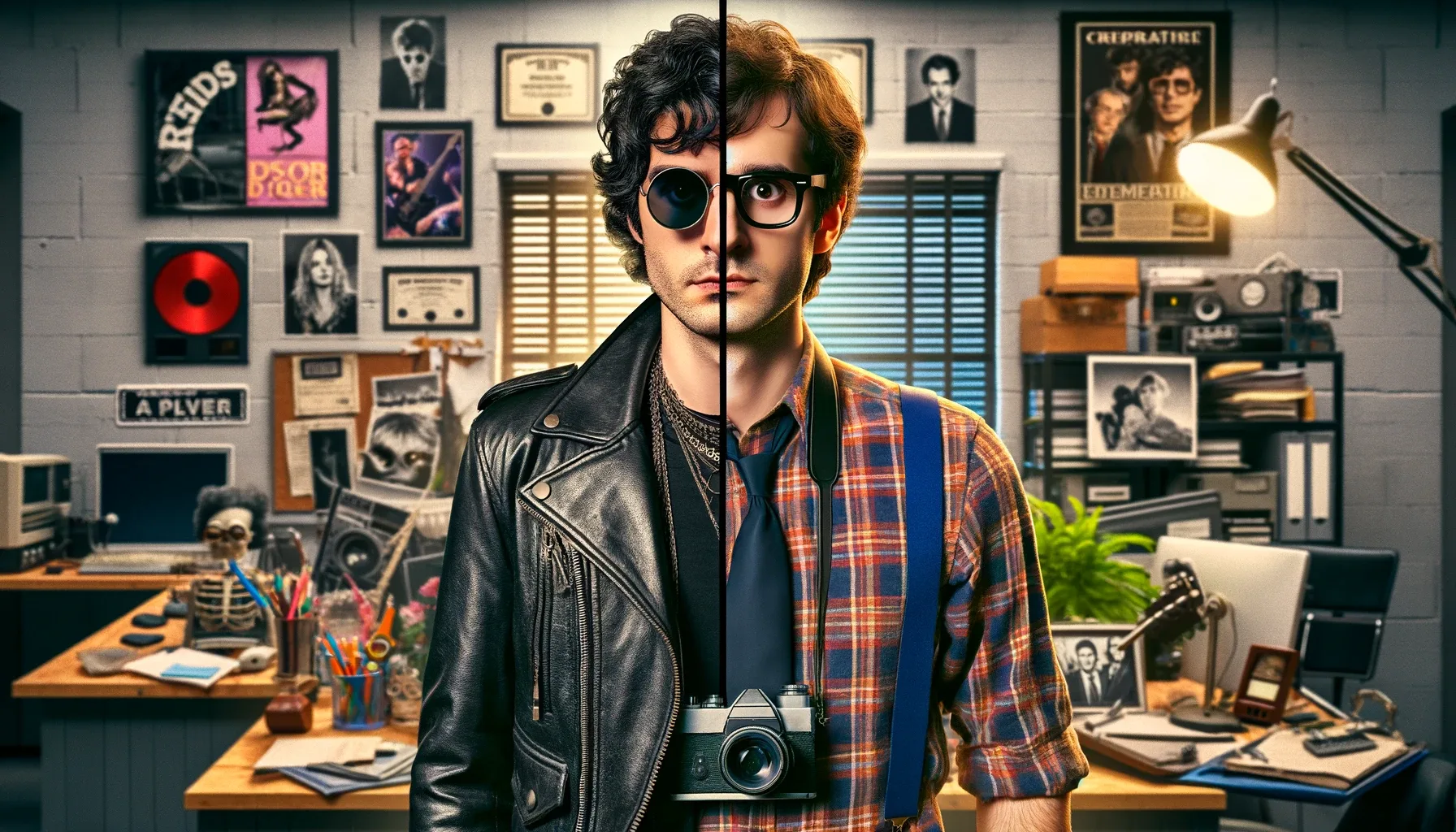 Half of a man exudes rebel vibes with a leather jacket and shades, the other half channels scholar with a plaid shirt and specs, set against a wall of music and movie legends.