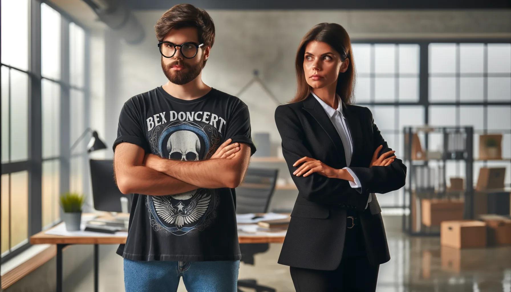 A bearded man in a graphic tee and a woman in a business suit stand back-to-back with crossed arms, expressing disagreement in an office setting.