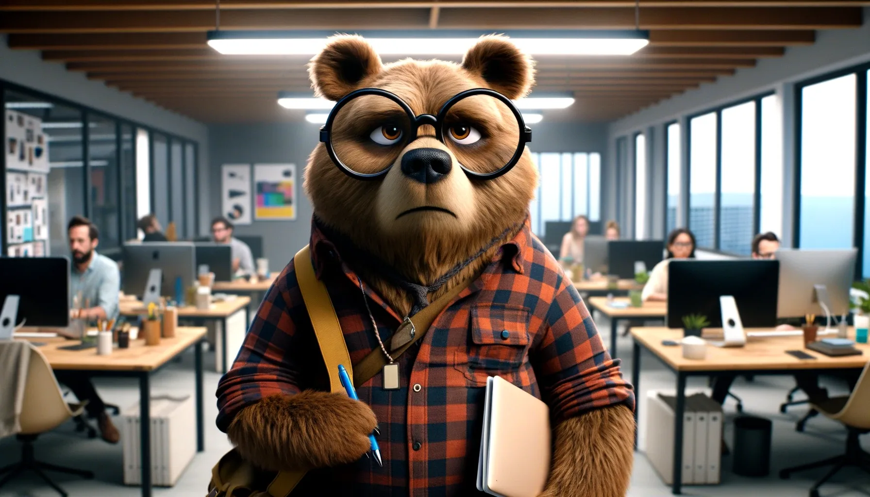 An anthropomorphic bear with a serious expression, wearing glasses and a checkered shirt, stands in a bustling office, clutching a notebook and pen, seemingly pondering a significant decision.