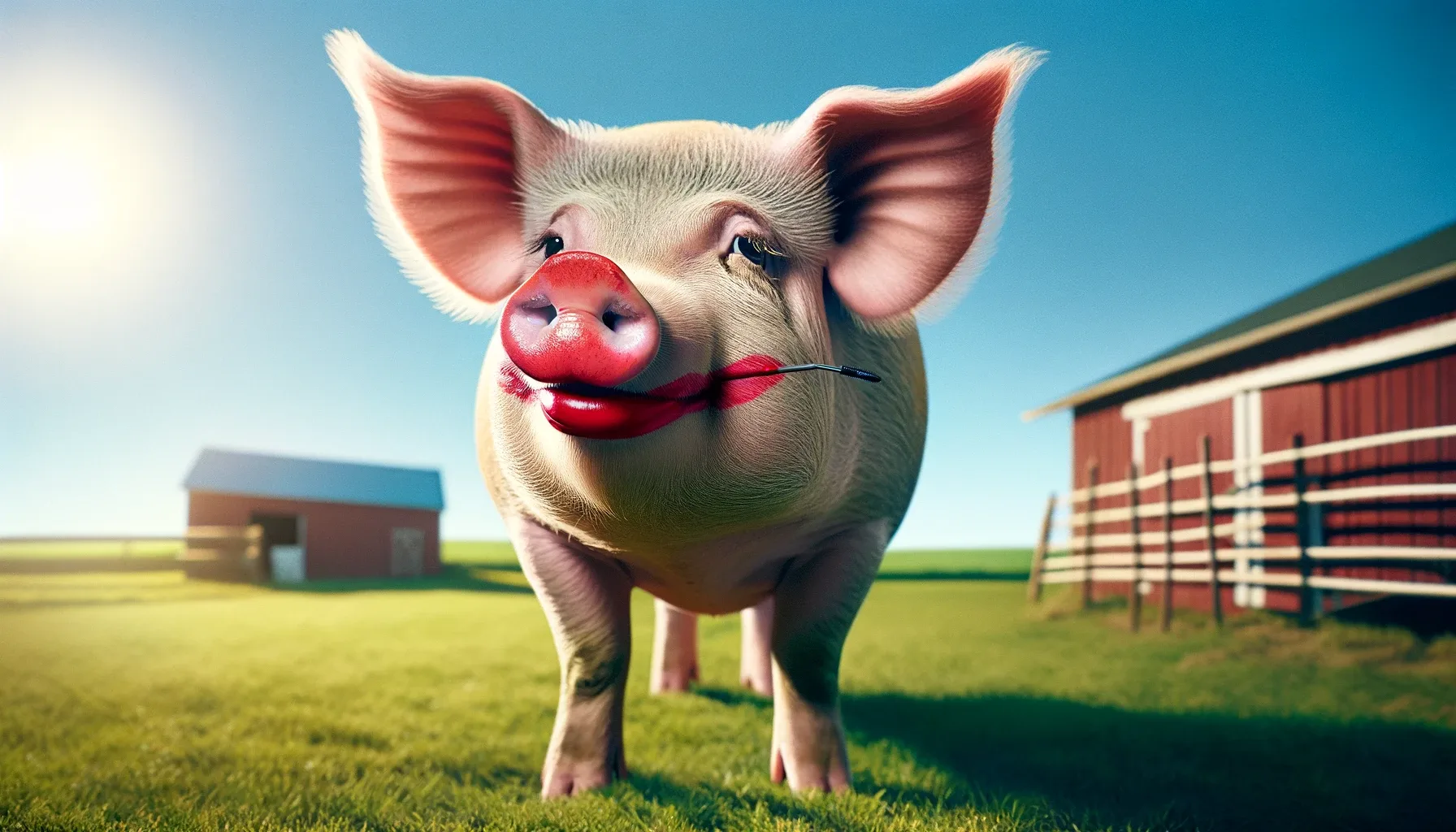 A digitally altered pig sporting comically large ears and vibrant red lipstick in a serene farm environment, creating a whimsical juxtaposition between the farm setting and the pig's human-like makeover.