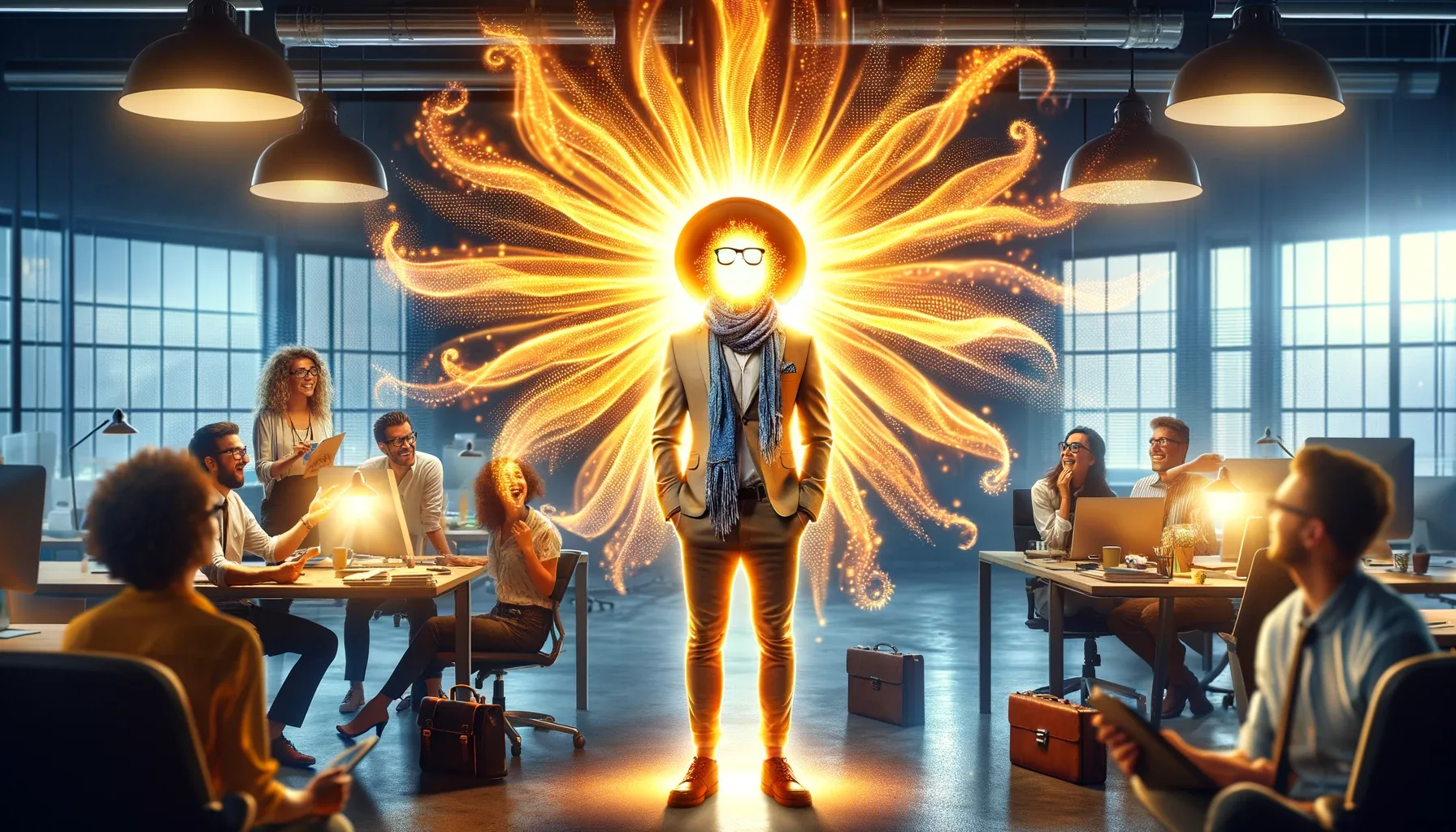 A man in a business suit stands at the center of a bustling office, his head glowing like a radiant sun with tendrils of light, as his colleagues look on with amusement and admiration.