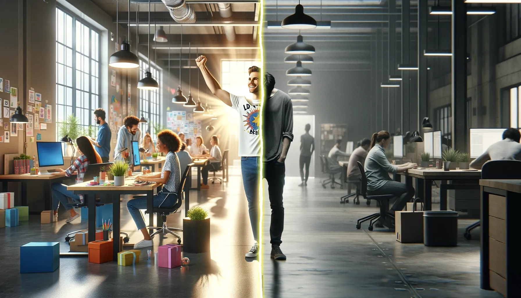 A juxtaposed image portrays a man exuberantly celebrating on one side, with a somber silhouette on the other, in a busy office setting, embodying the balance between lightheartedness and seriousness.