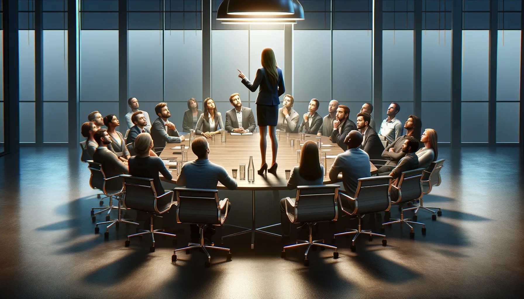 Digital artwork depicting a businesswoman presenting to a diverse group of attentive colleagues seated around an oval conference table in a modern meeting room with large windows.