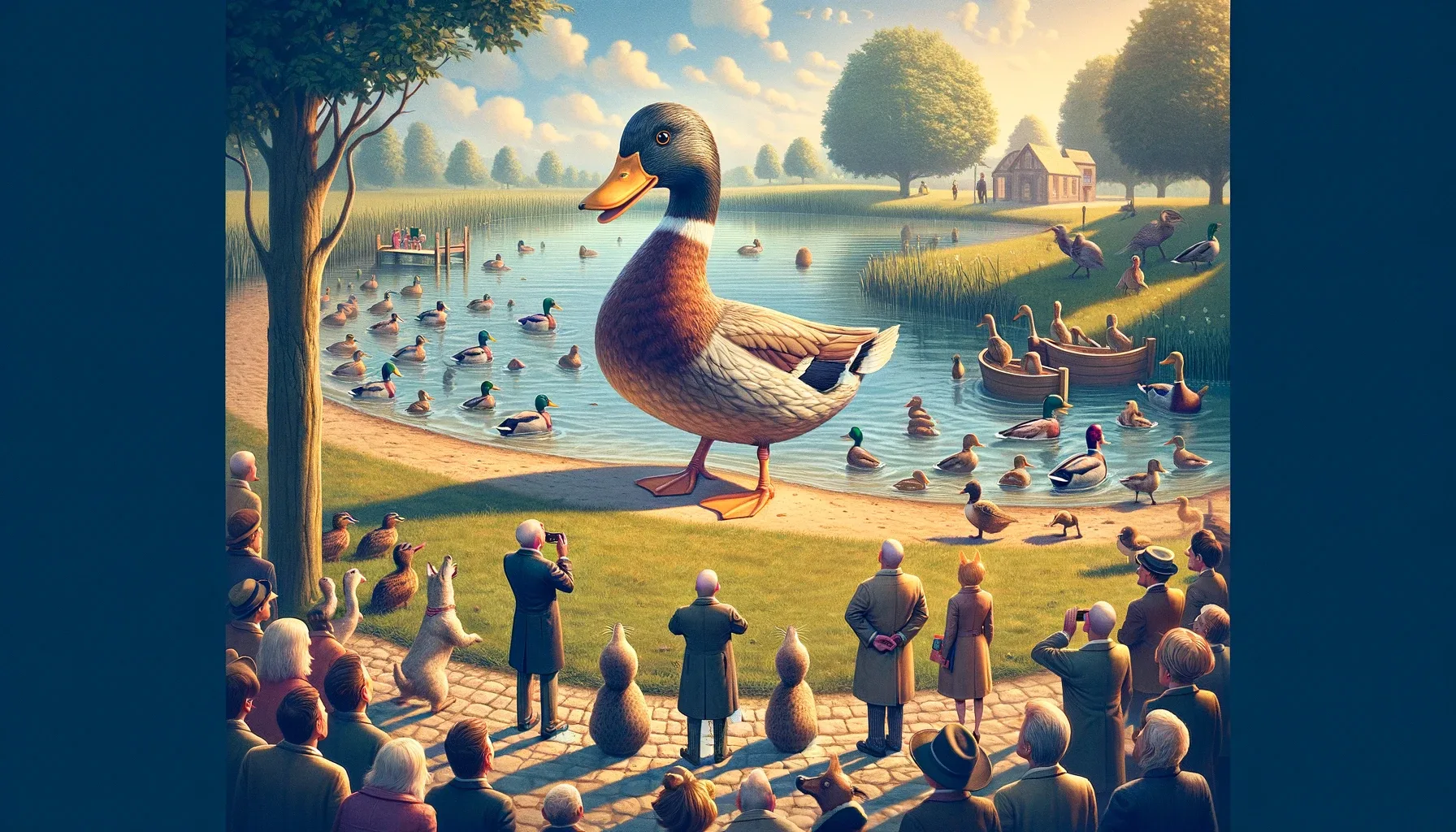 Illustration of a colossal mallard duck standing on a lakeshore in front of an audience of various ducks and humans on a clear, sunny day.