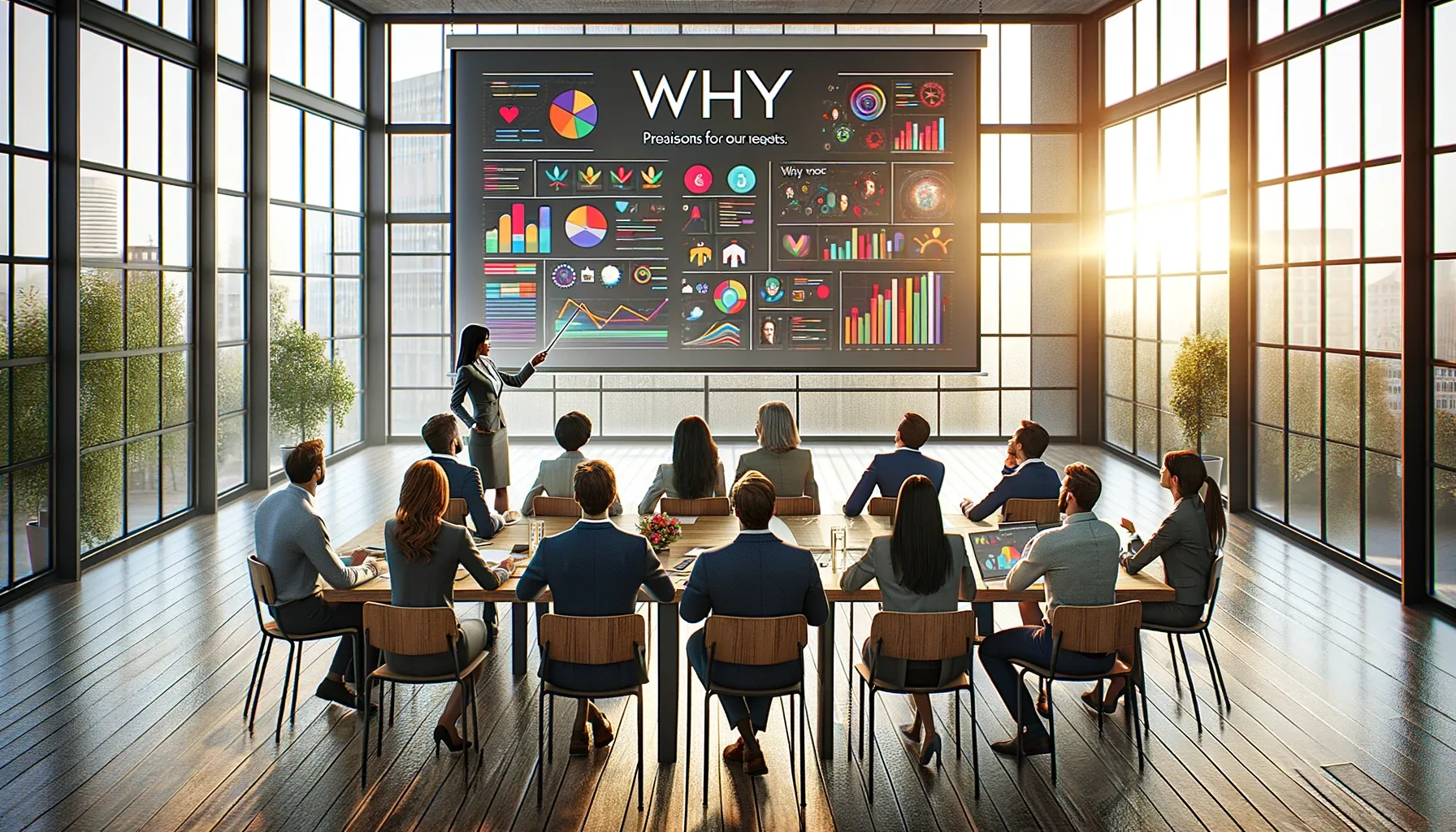 A professional meeting where a product designer presents to engaged stakeholders, highlighting the importance of providing reasons for actions.