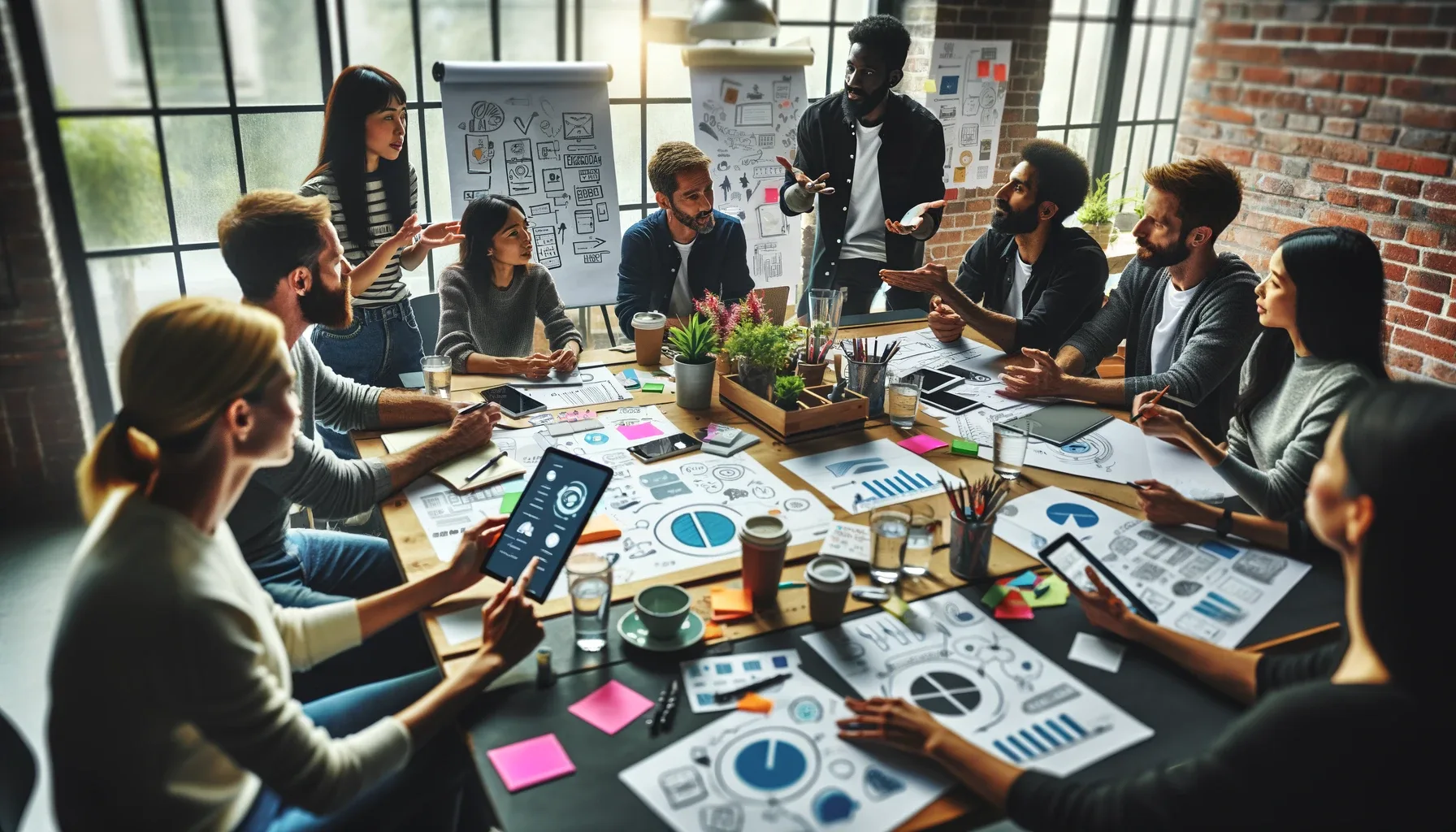 A collaborative design feedback session, where stakeholders and designers exchange ideas and insights, embodying the principle of reciprocation.