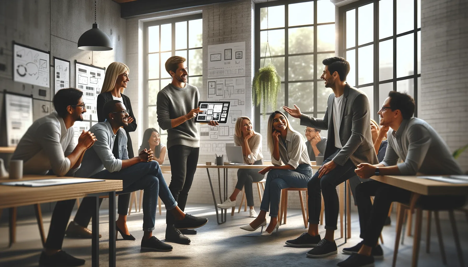 A positive interaction between a designer and stakeholders in a modern office, illustrating the impact of liking and respect on collaboration.