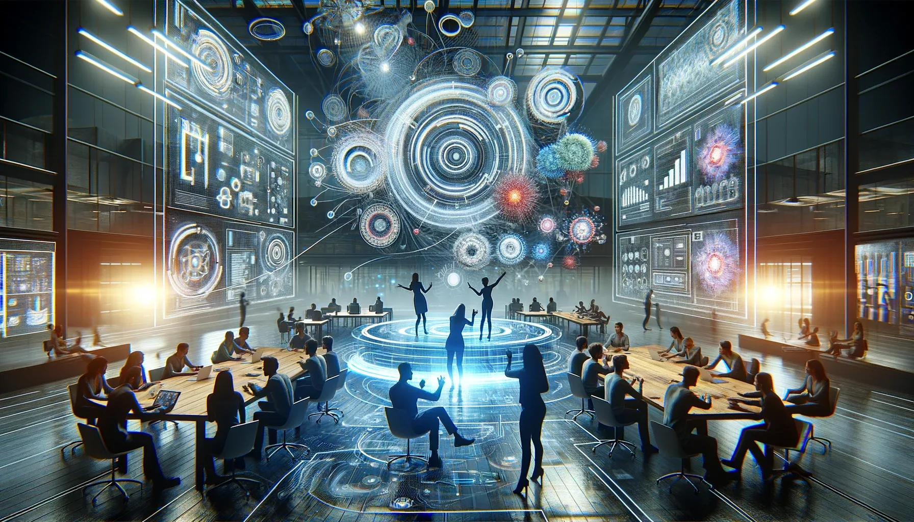 A futuristic interactive workshop symbolizing stakeholder empowerment, constructive critique, and rapport building in the design process.